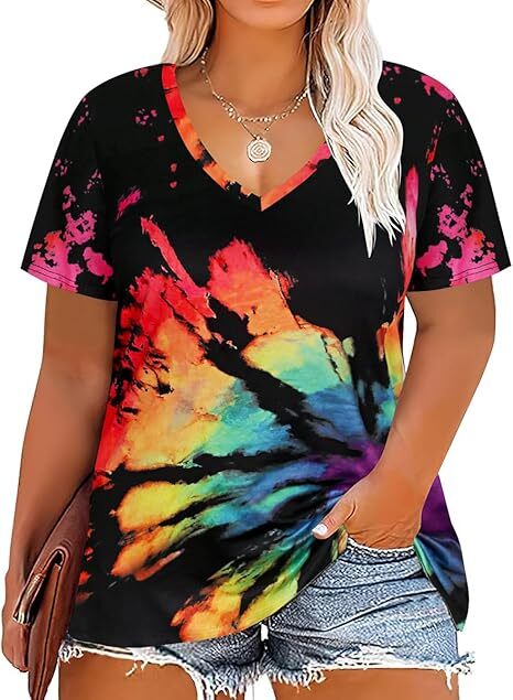 KOITHOT Womens Plus Size Tops Short Sleeve Shirts V Neck Tunic Floral