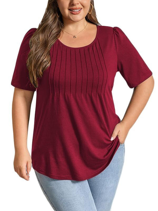 Plus Size Womens Summer Tops Puff Short Sleeve Crew Neck Pleated T Shirts